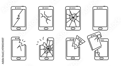 Collection of outline icons representing broken smartphones with cracked screens, symbolizing damage, repair, and technology issues, perfect for graphic design, web, apps, and advertising on a white