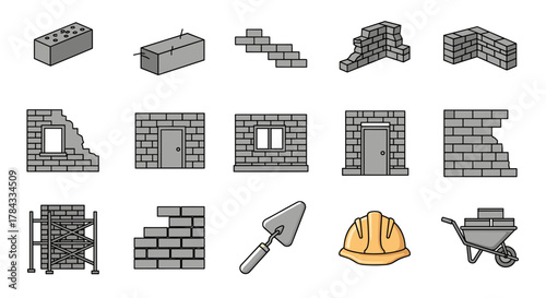 Collection of Building and Construction Related Line Icons, Featuring Bricks, Walls, Scaffolding, Tools, and Protective Gear, Ideal for Graphic Design, Web Development, and Application Interfaces