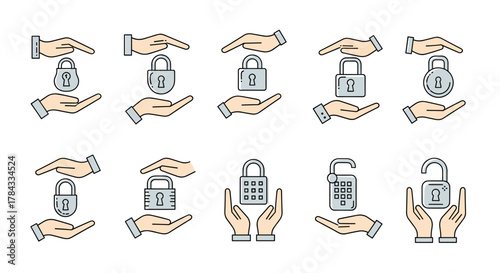 Collection of minimalistic vector icons depicting hands holding and protecting various types of locks, including traditional padlocks, combination locks, and unlocked symbols, symbolizing security