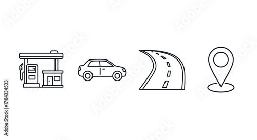 A clean, linear vector graphic collection featuring essential travel and transportation icons: a gas station, a car, a winding road, and a map pin, perfect for website design, app interfaces, book
