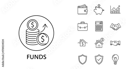 Set of financial and business line icons, including stacks of coins with dollar signs, a wallet, a piggy bank, a graph, a briefcase, a calculator, handshake, house with dollar sign, shield, and a