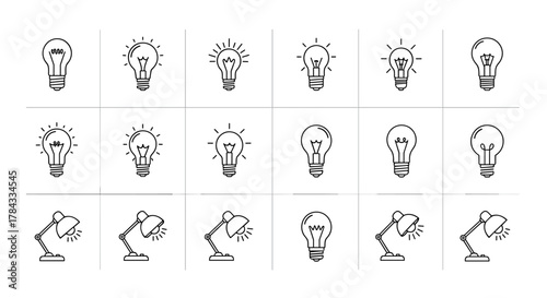 Collection of line art icons representing various light bulbs and desk lamps, symbolizing ideas, inspiration, creativity, and innovation. This set includes different styles of incandescent bulbs and