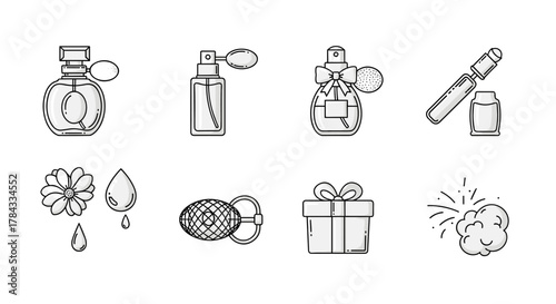 Set of line art icons representing perfume bottles, atomizers, a gift box, a flower, and scent spray, perfect for beauty, fragrance, and lifestyle graphics, presented on a clean white background for
