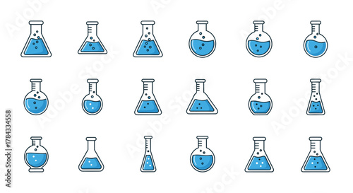 A collection of minimalistic linear web icons featuring light blue laboratory flasks filled with liquid and bubbles, presented with a clean color outline. These versatile pictograms are ideal for web