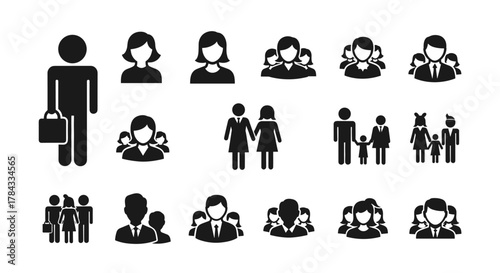 Diverse collection of flat black people icons isolated on a clean white background, showcasing various group compositions, family units, and individual representations for business and lifestyle