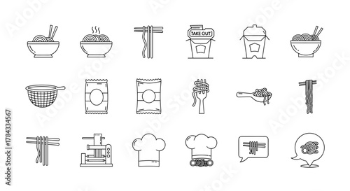 A collection of minimalistic outline icons representing various aspects of noodles and noodle dishes, perfect for web, graphic design, apps, banners, social networks, and cards. This vector cartoon