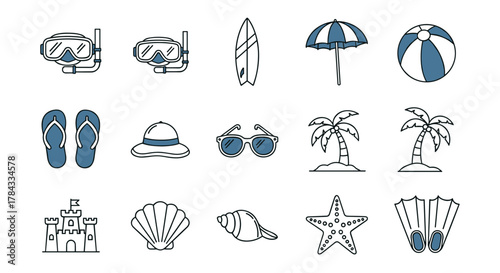 Collection of vibrant, flat-style icons representing beach and summer vacation essentials, including diving masks, snorkels, surfboards, beach umbrellas, striped beach balls, flip-flops, sun hats