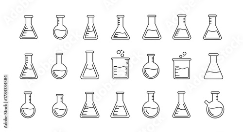 Set of minimalistic outline icons representing various laboratory flasks and beakers, perfect for web design, graphic design, apps, banners, social networks, and cards. This vector cartoon