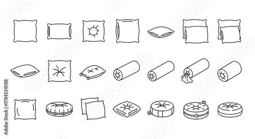 Collection of simple outline icons representing various pillows and cushions, including square, rectangular, bolster, and round shapes, perfect for infographics, articles, books, flyers, and banners