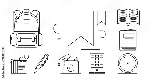 Modern Line Icon Set for School and College Design: Featuring a Backpack, Bookmark, Open and Closed Books, Pencil, Graduation Cap, Camera, Building, and Clock. This versatile collection is perfect