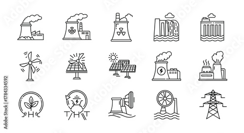 Set of line icons representing various power plants and energy sources, including nuclear, wind, solar, hydroelectric, and thermal power stations, presented on a clean white background with editable