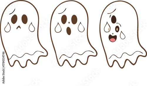 Three adorable cartoon ghosts displaying varying expressions of sadness and joy