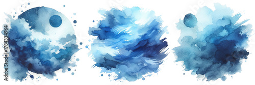 Three watercolor circles with blue and white clouds and moon like shapes inside them png on transparent background
