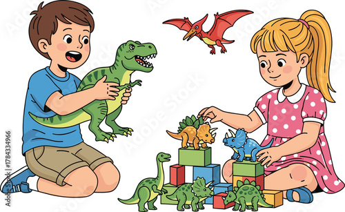 Two happy children playing with dinosaur toys and building blocks, illustrating imagination, learning, fun, and early childhood development.