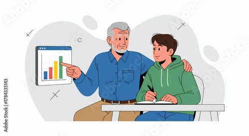 Older mentor guiding young student while showing growth chart on screen symbolizing learning and coaching concept. 
