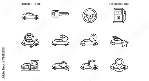 A collection of editable stroke line icons representing various car-related concepts, including car repair, electric charging, fuel station, car key, steering wheel, car inspection, car insurance