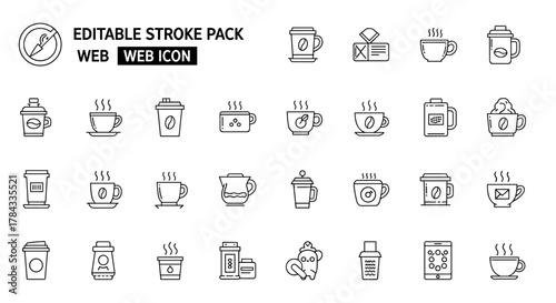 Editable Stroke Pack of Coffee and Tea Cup Thin Icons, suitable for web sites, books, cards, and apps. Vector cartoon illustration with a white background, perfect for digital and print media.