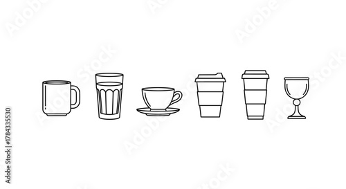 Set of six line art icons representing different types of drinkware, including a mug, a tall glass, a coffee cup and saucer, two disposable coffee cups, and a goblet, all presented on a clean white