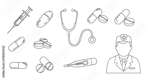 Collection of outline medical icons including a syringe, stethoscope, various pills and capsules, a thermometer, and a doctor, all drawn with thin lines, perfect for apps, websites, banners, and