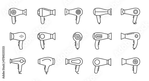 Collection of minimalistic linear icons of hair dryers, featuring a variety of designs and styles, perfect for web and graphic design, apps, banners, social networks, and cards. This vector set
