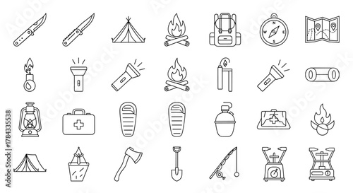 Collection of Camping and Outdoor Adventure Line Icons, Featuring Folding Knives, Tents, Campfires, Backpacks, Compasses, Maps, Flashlights, Lanterns, Sleeping Bags, First Aid Kits, Axes, Shovels