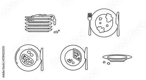 A collection of minimalistic outline icons representing dirty plates, including a stack of plates with food residue, individual plates with food remnants, and a single plate with crumbs, perfect for