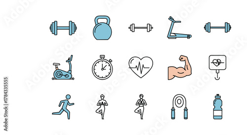 Vibrant and diverse fitness icon set showcasing essential gym equipment and exercise symbols, including dumbbells, kettlebells, treadmills, stationary bikes, jump ropes, and yoga poses, presented as