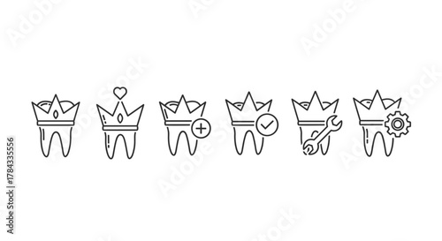 Set of six minimalistic linear icons representing dental crowns with various symbols like a heart, plus sign, checkmark, wrench, and gear, suitable for web and graphic design, apps, banners, social