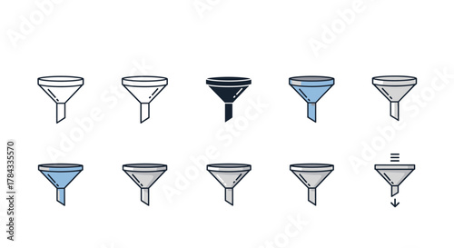 Collection of minimalistic funnel icons and pictograms in various styles, including outline, filled, and colored versions, suitable for web design, app interfaces, banners, social networks, and
