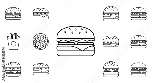 A collection of linear outline icons representing hamburgers, french fries, and a pizza slice, all presented in a clean, black-and-white style on a white background, perfect for fast food branding