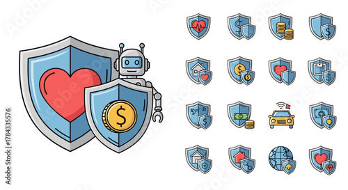 Diverse Insurance Icons Featuring a Robot Guardian, Heart Health, Financial Security, and Property Protection, Presented as a Vector Cartoon Illustration with a White Background, Ideal for Digital