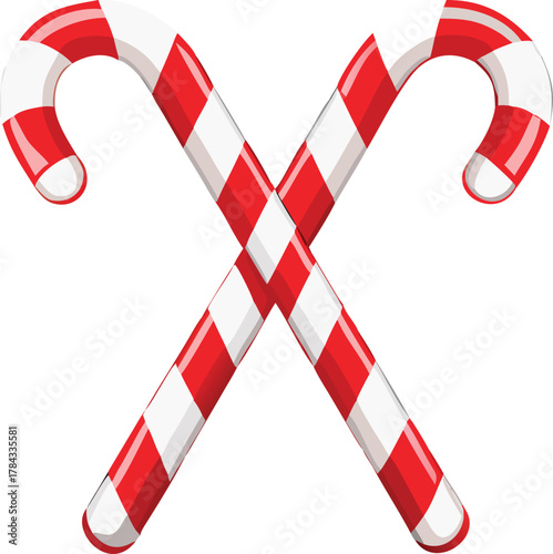 Two traditional red and white striped candy canes crossed forming an x