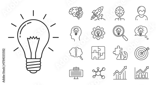 Collection of innovation and inspiration icons, including a light bulb, brain with gears, rocket launch, puzzle pieces, target, and growth charts, representing ideas, creativity, and business