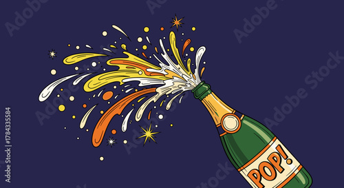 Vibrant hand-drawn illustration of a champagne bottle exploding with colorful liquid and bubbles, featuring a "POP!" label and starbursts against a deep blue background, evoking celebration and