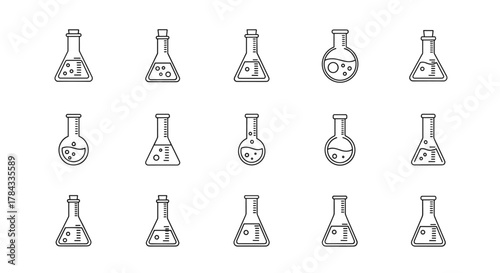 Set of 15 minimalistic thin line icons representing various laboratory flasks, including Erlenmeyer and round-bottom flasks, filled with liquid and bubbles, perfect for web, graphic design, apps