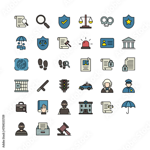 collection of law and police flat line icons