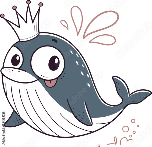 Whimsical cartoon whale with a crown and tongue out, playful design