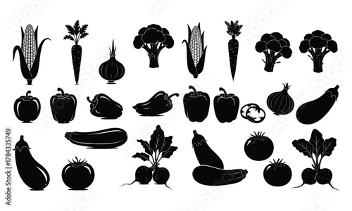 Various vegetable silhouettes collection: healthy food and farm icons set