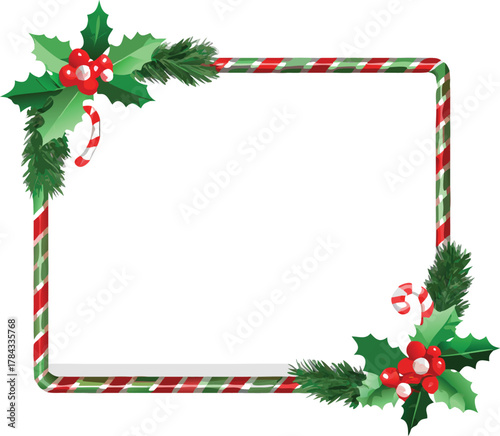Festive holiday frame with holly candy canes and evergreen branches