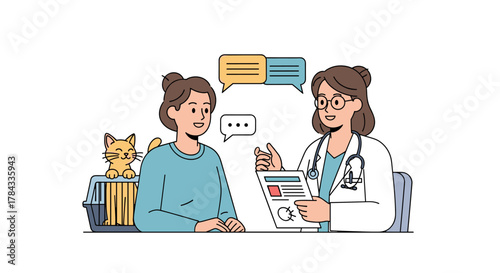 A friendly veterinarian doctor in a white coat with a stethoscope is consulting with a cat owner who brought her pet feline in a carrier for a medical appointment, discussing veterinary documents and