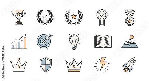 Achievement icon set vector graphic illustration, ordered line icon set on white background, featuring a trophy, laurel wreath, medal, target, light bulb, book, crown, shield, lightning bolt, and