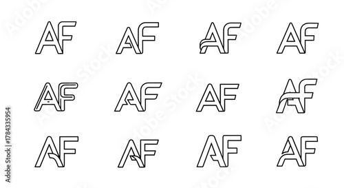 Set of 12 stylized 'AF' letter logos in a clean, modern outline style, presented on a crisp white background. Each logo features unique variations of the 'A' and 'F' combination, offering a diverse