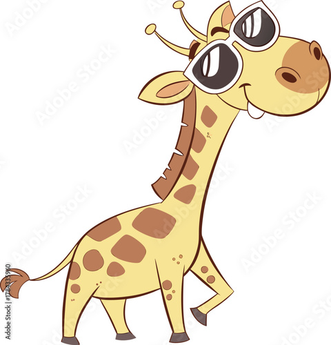 Smiling cartoon giraffe wearing sunglasses walking cheerfully