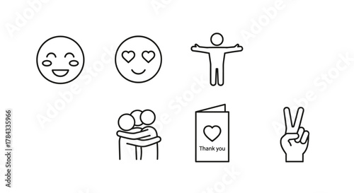 Set of outline icons symbolizing kindness and positive emotions, including a joyful smiling face, a face with heart eyes, a person with open arms, a loving hug, a thank you card, and a peace hand