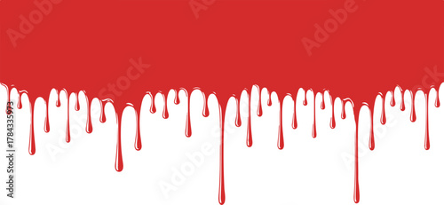 Vibrant red paint dripping down a clean white background creating a dynamic and abstract visual effect