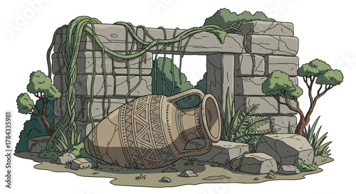 Ancient ceramic vessel with intricate geometric patterns lies near weathered stone ruins overgrown with lush green vines and foliage, evoking a sense of history and abandonment in a stylized vector