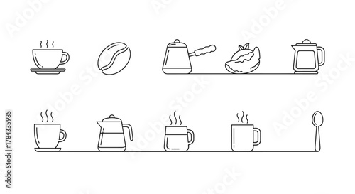 A minimalist linear vector illustration depicting coffee time essentials, including steaming cups, coffee beans, a cezve, and a teapot, perfect for web design, apps, social media, and cards