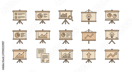 Collection of beige presentation board icons with filled color, featuring minimalistic linear pictograms for web and graphic design, apps, banners, social networks, and business presentations