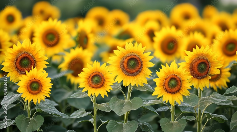 Fototapeta premium Vibrant field of blooming sunflowers under bright summer sky