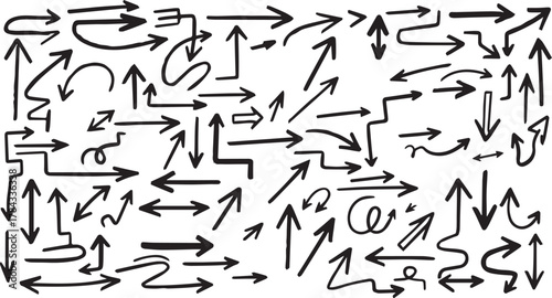Collection of hand drawn black arrows in various styles and directions on white background